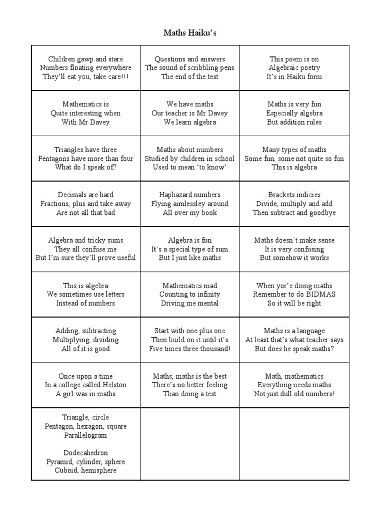 Engaging Maths Haikus for Students | PDF | Elementary Mathematics ...