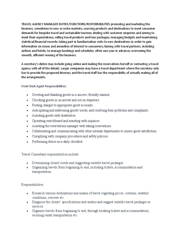 TRAVEL AGENCY MANAGER DUTIES PDF