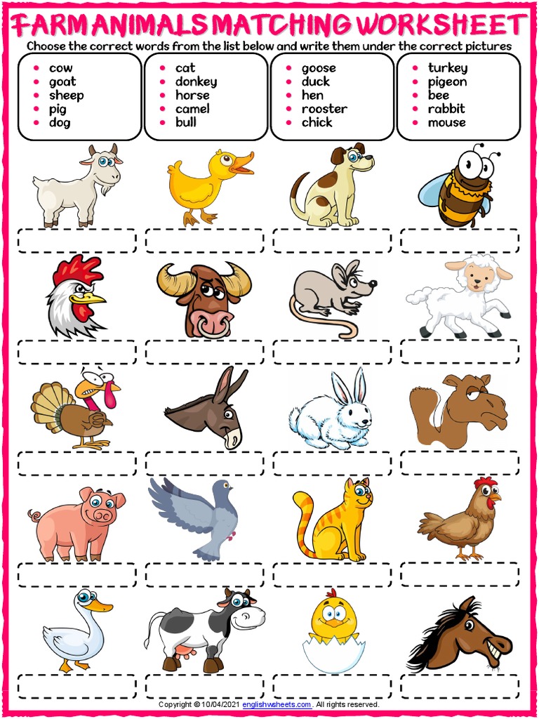 farm animals vocabulary esl matching exercise worksheet for kids(1) PDF