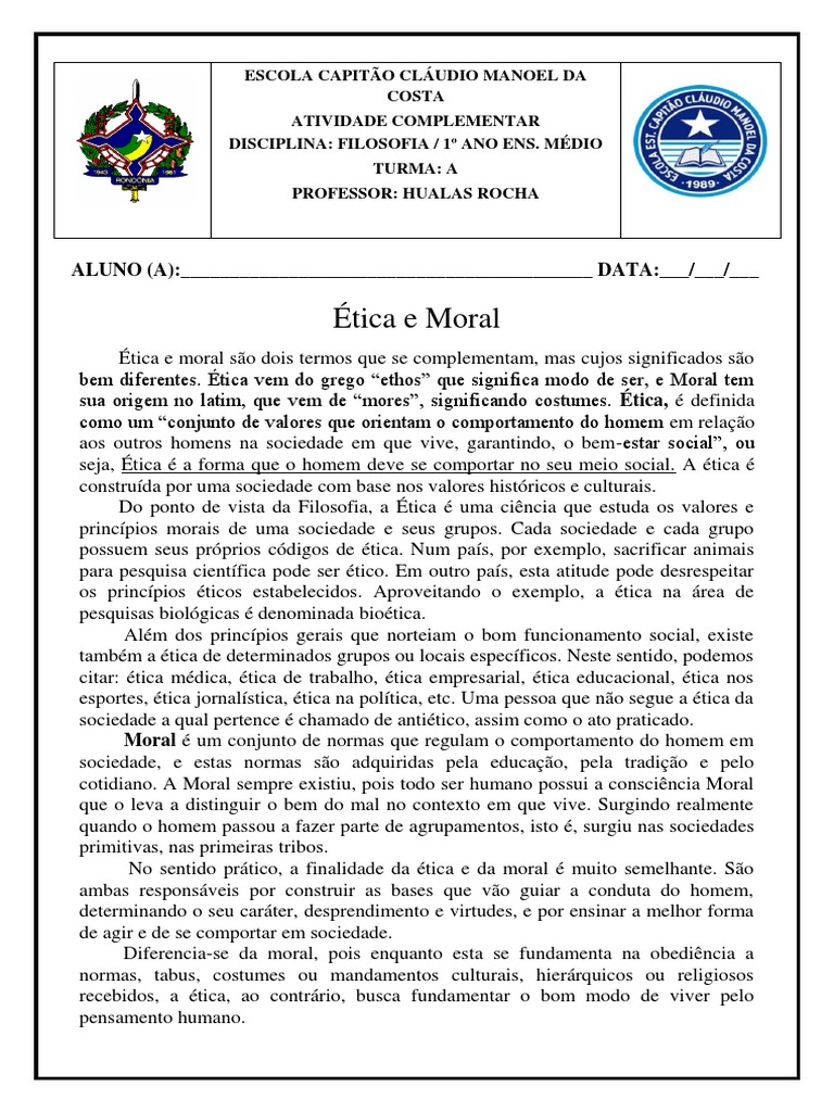 Atividade de Filosofia 1 Ano A Parte I - Feito | PDF | Moralidade ...
