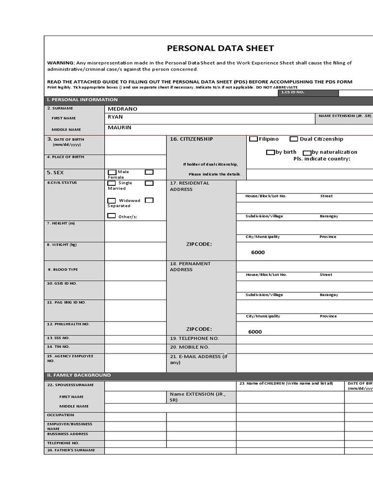 Personal Data Sheet PDF Government