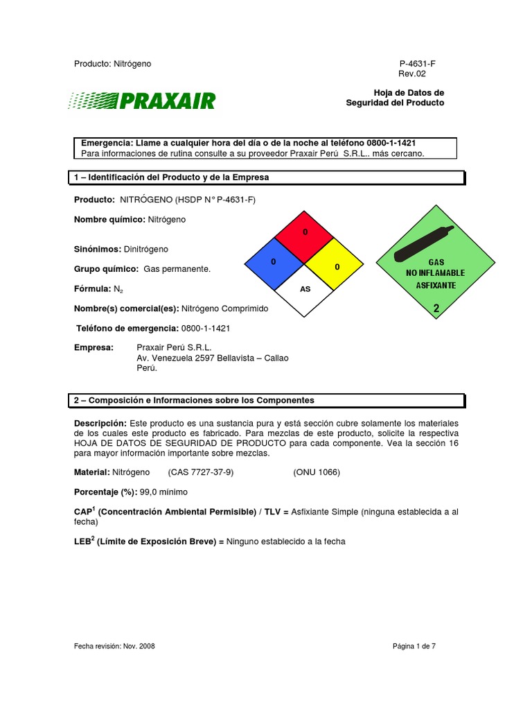 MSDS Nitrogeno Praxair PDF Oxígeno Gases