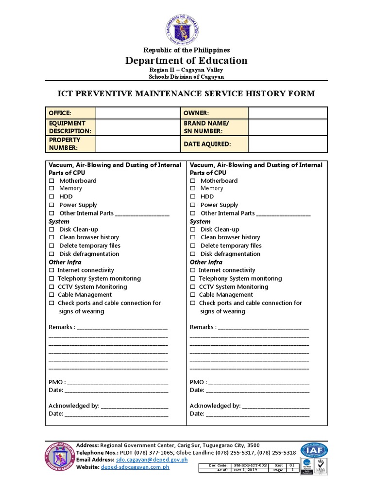 FMSDSICT002QuarterlyPreventiveMaintenanceReviewFormCopy PDF