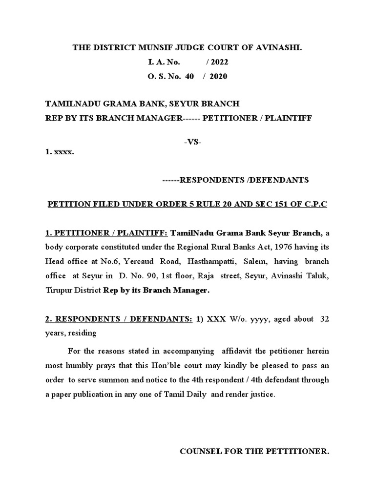 Petition Filed Under Order 5 Rule 20 and Sec 151 of C.P.C PDF