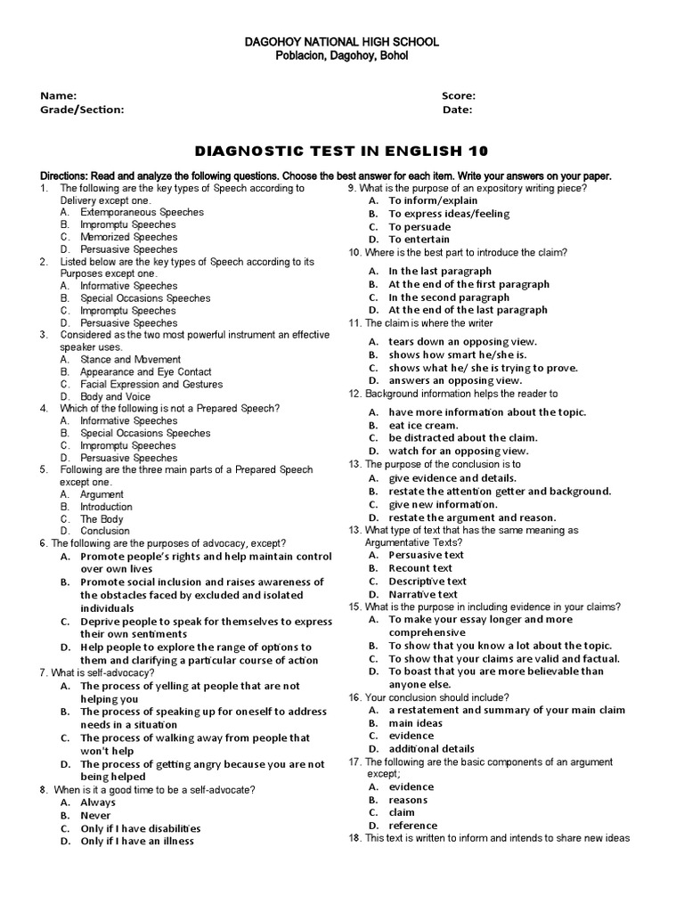Diagnostic Test in English PDF Essays Cognition