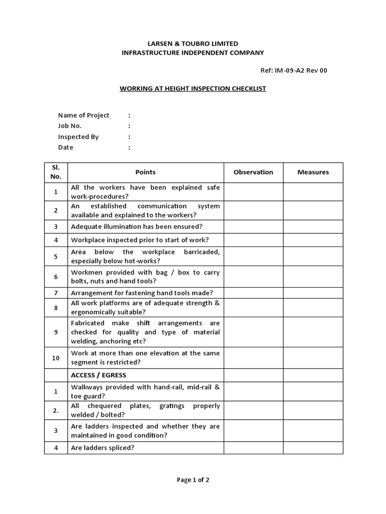 Working at Height Safety Checklist | PDF | Stairs | Ladder