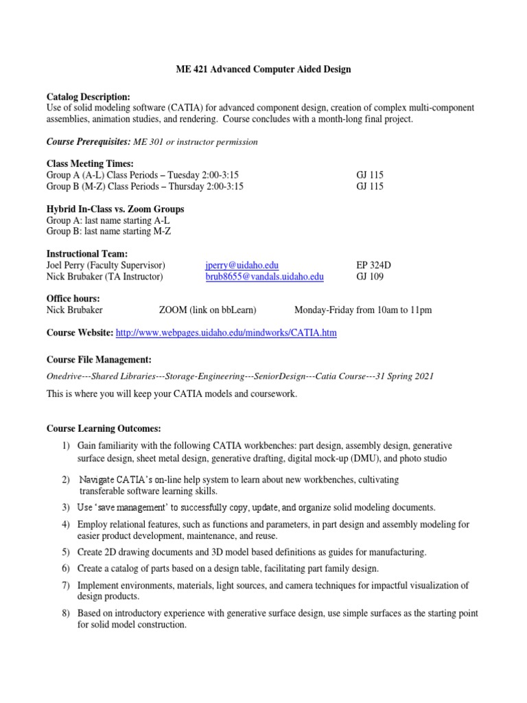 CATIA Syllabus S21 3 PDF Educational Technology