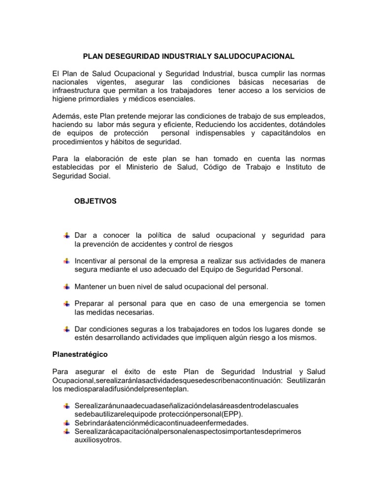 Plan de Salud Ocupacional y Seguridad | PDF | La seguridad | Seguridad ...