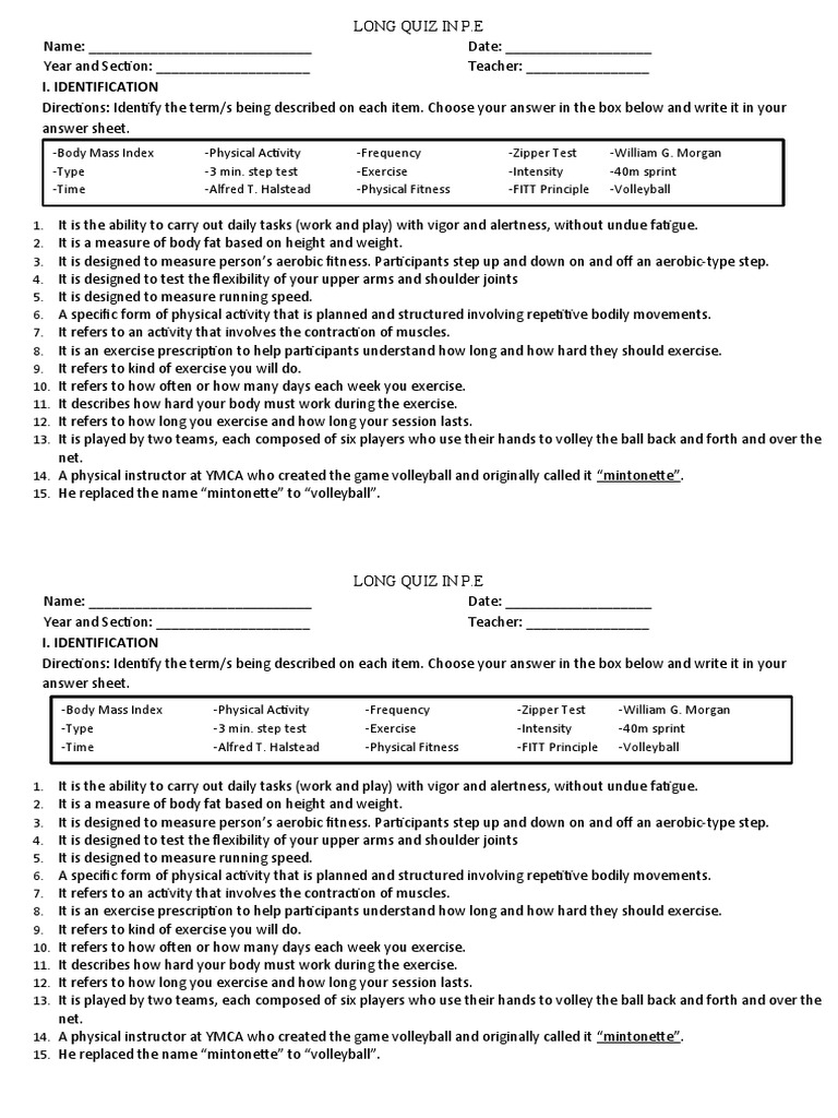 Long Quiz in Pe PDF Volleyball Physical Fitness