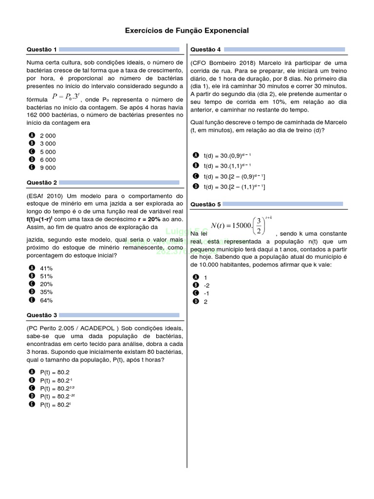 Exercícios sobre Função Exponencial | PDF | Tempo