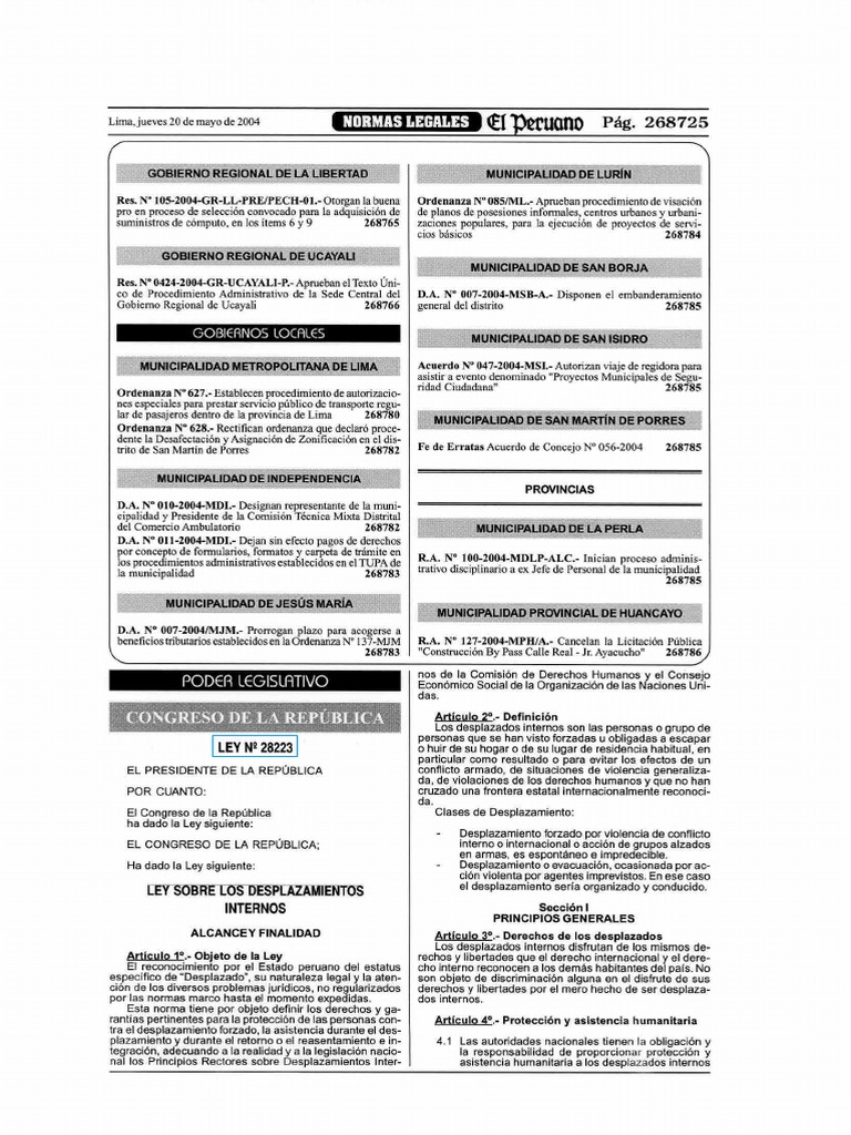 NORMAS LEGALES - Ley 28223 (Ley Sobre Los Desplazamientos Internos) | PDF