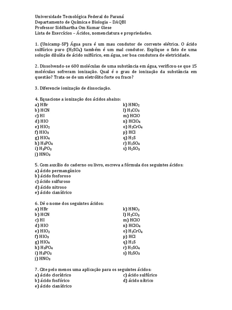 Lista de Exercícios - Acidos, Nomenclatura e Propriedades | PDF | Ácido ...