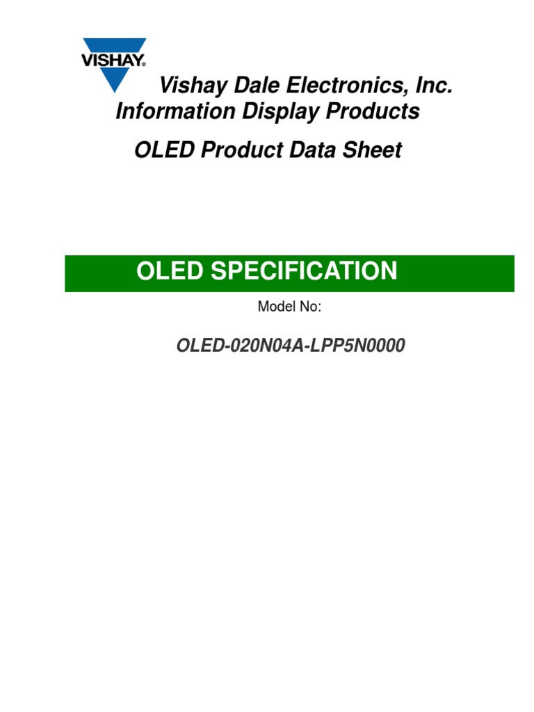 Oled Specification Vishay Dale Electronics, Inc. Information Display Products OLED Product Data