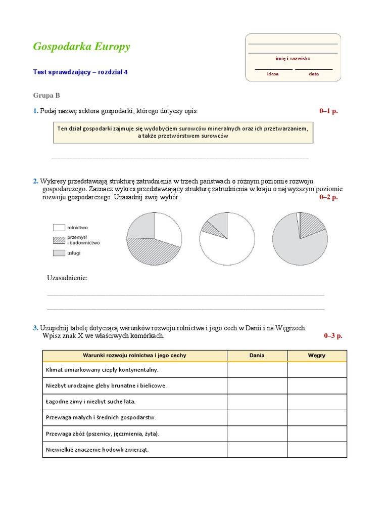 Test Sprawdzajacy Z Rozdzialu IV Gospodarka Europy Grupa B PDF