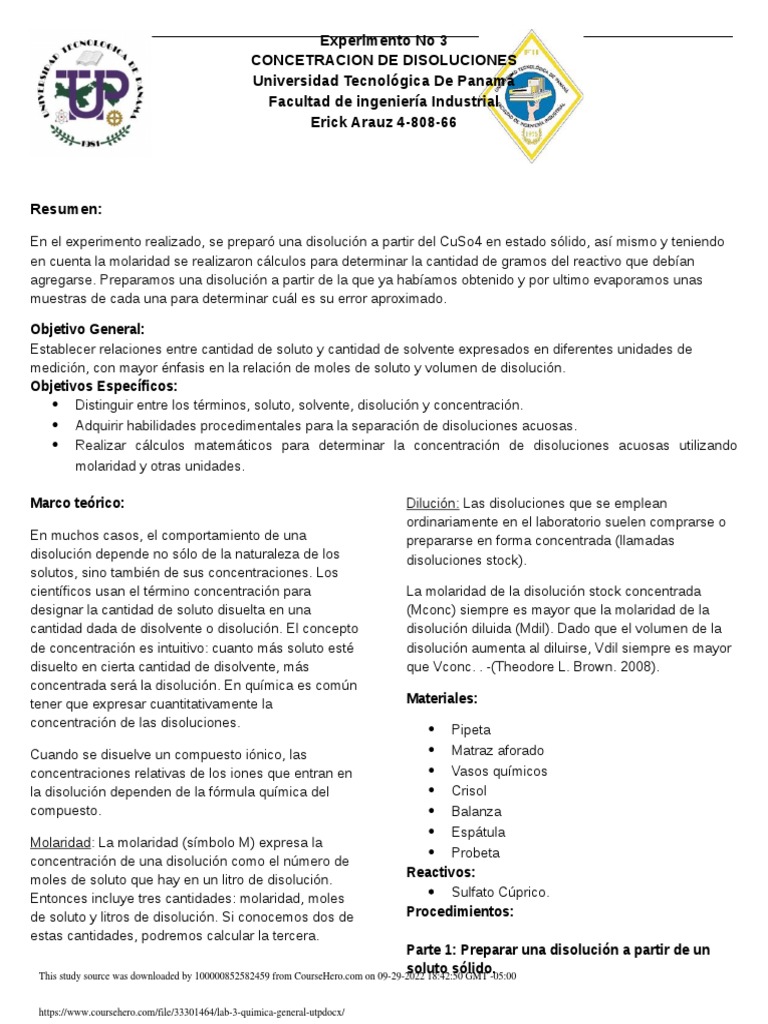 Lab 3 Quimica General Utp | PDF | Concentración | Química