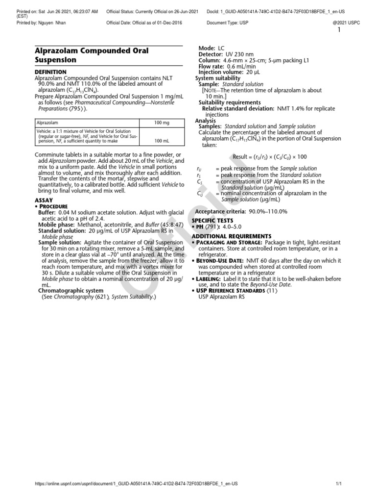 Alprazolam Compounded Oral Suspension PDF Chromatography Buffer