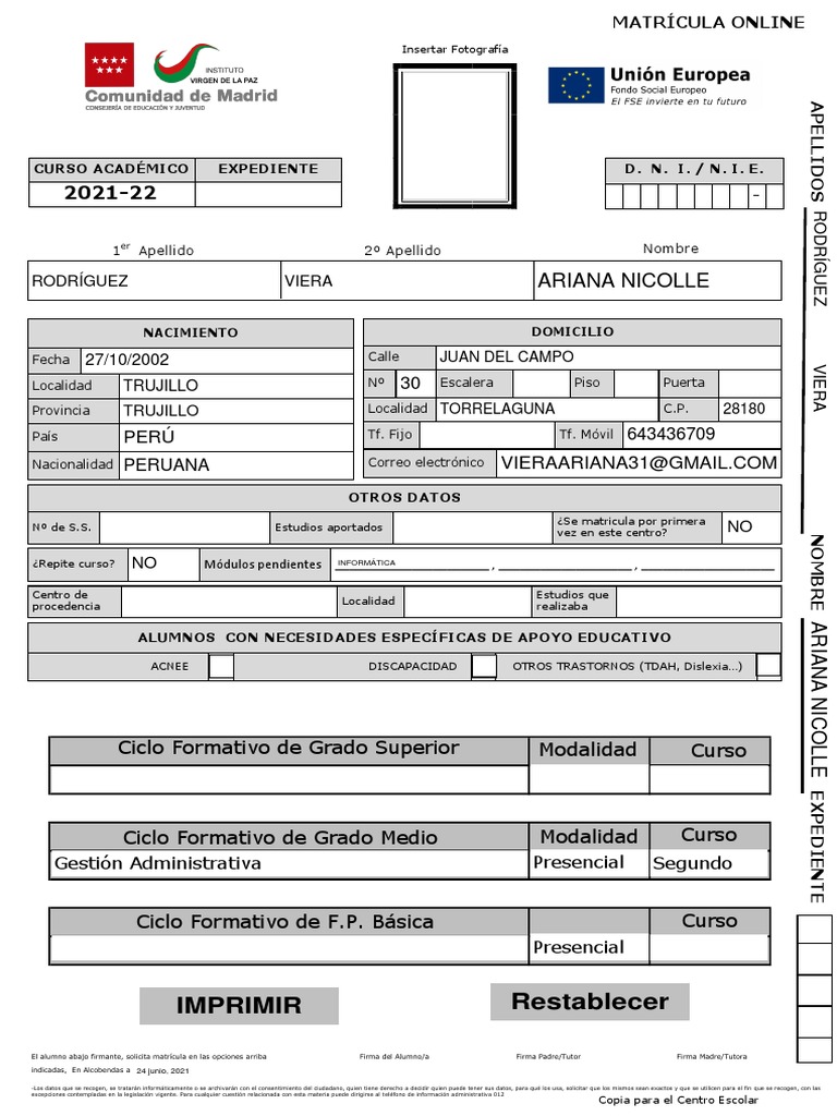 HECHA Impreso Matr cula CF Presencial 2021 2022 Matricula PDF