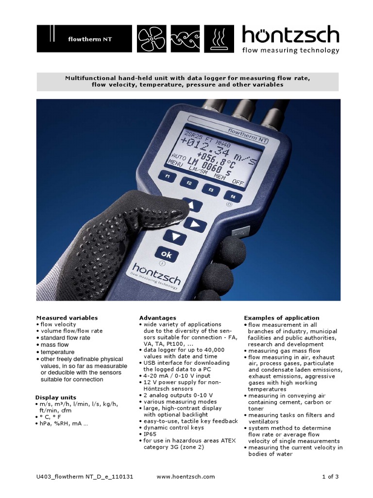 Hontzsch Flowtherm NT Data Sheet | PDF | Flow Measurement | Usb
