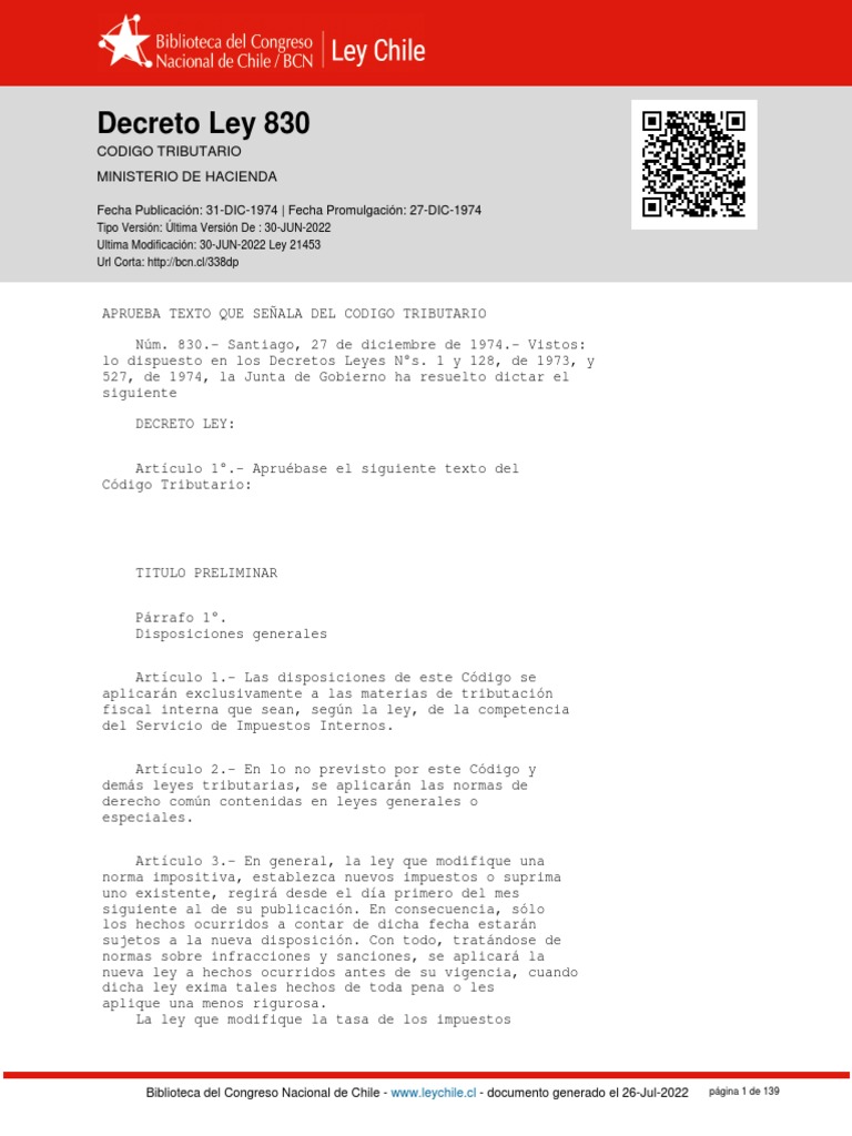 Decreto Ley 830: Código Tributario Chile | PDF | Impuestos | Estatuto ...
