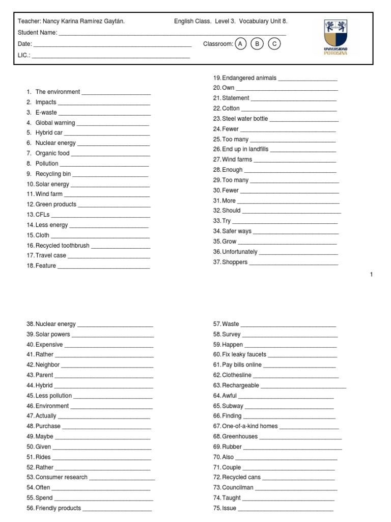 Vocabulary Level 3 Unit 8 | PDF | Recycling | Environmental Issues