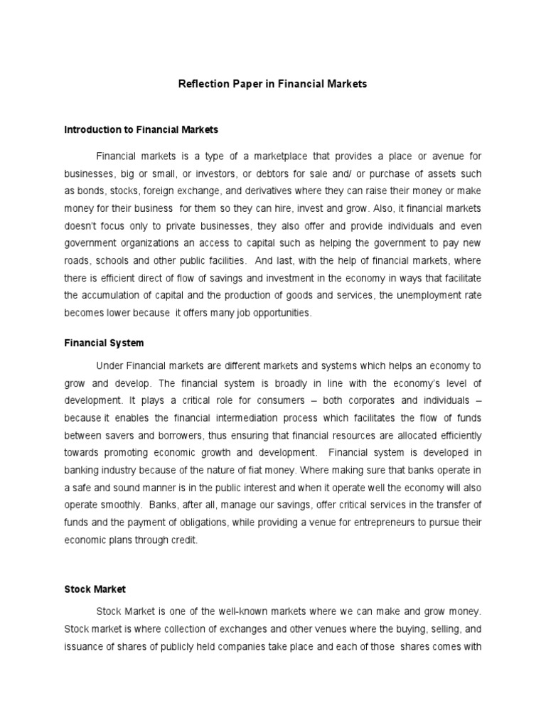 Reflection on Financial Markets Introduction and Key Concepts PDF