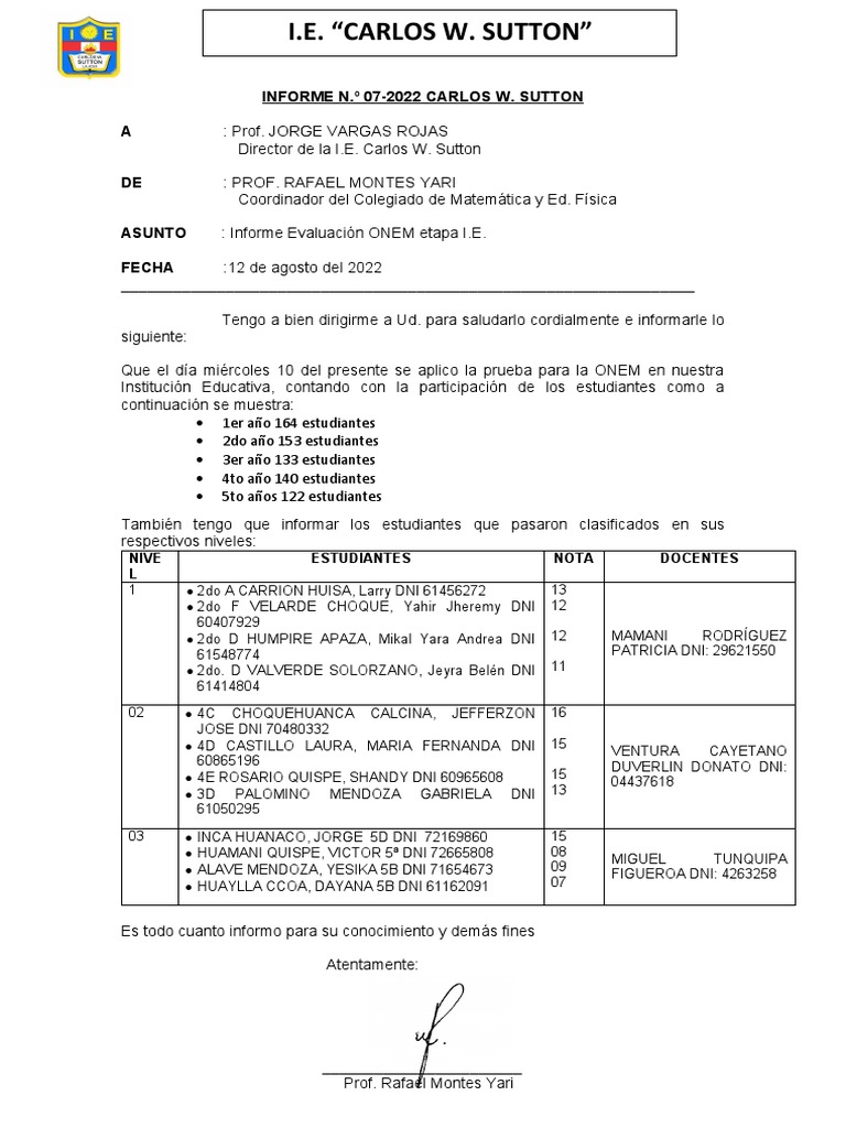 Informe Evaluación ONEM 2022 | PDF