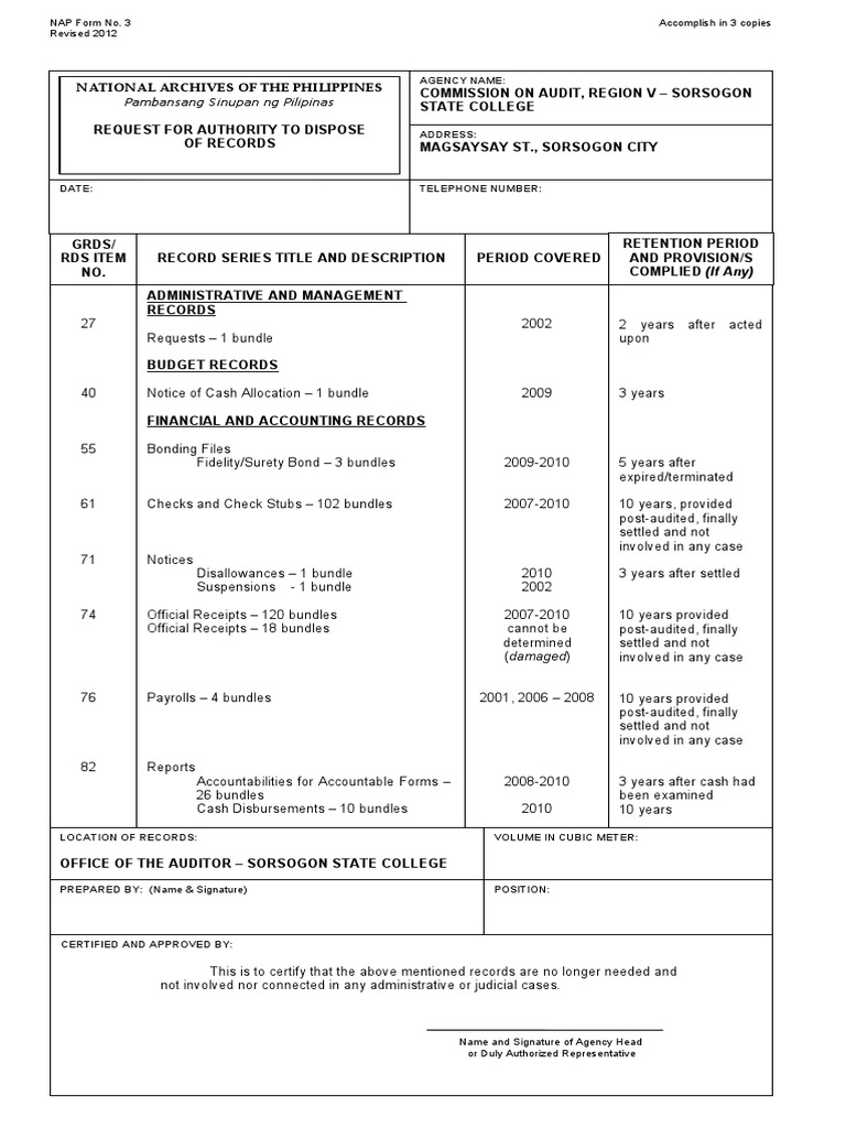 NAP Form No. 3 Request For Authority To Dispose Records PDF