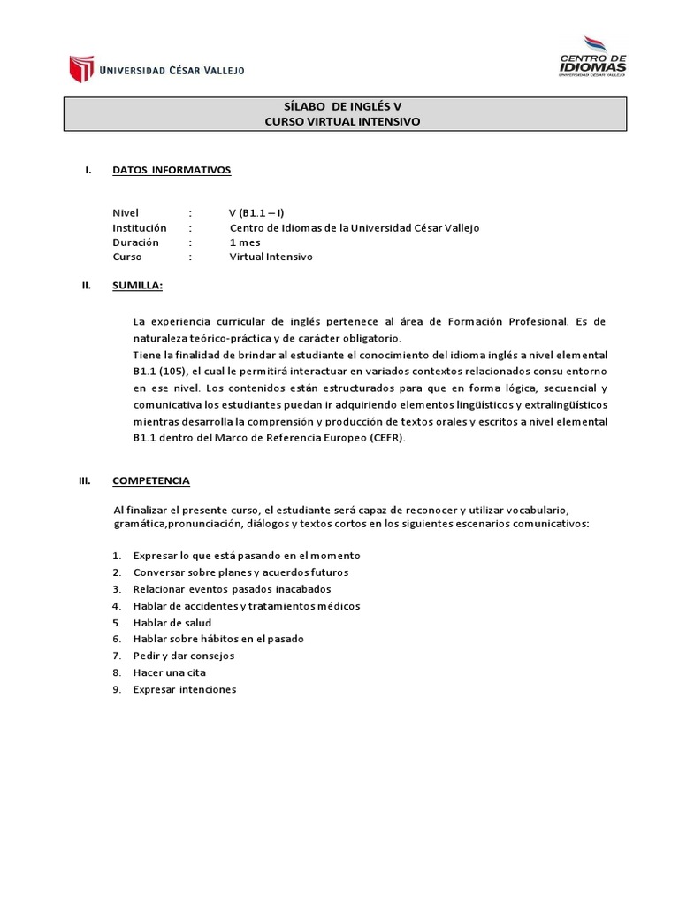 English Level V Syllabus for Intensive Online Course PDF Cognición