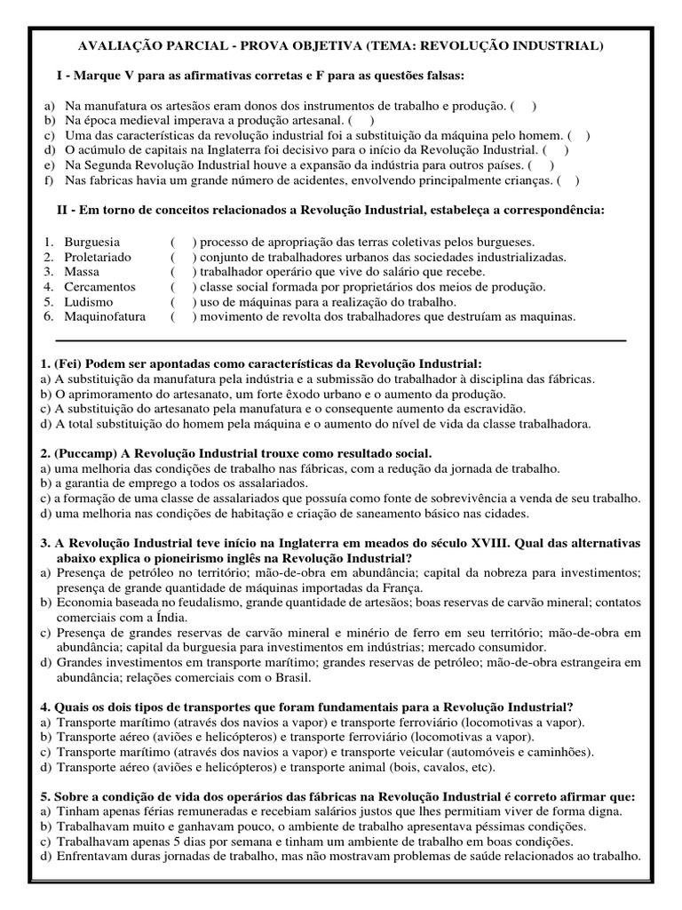 Prova - 8 Ano Revolução Industrial | PDF | Revolução Industrial ...