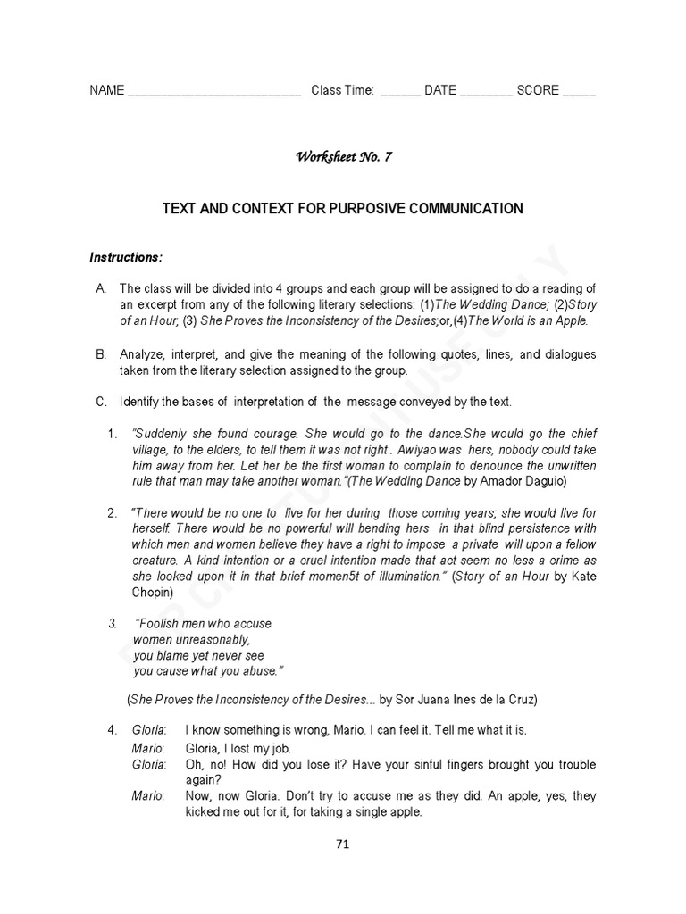 Purposive Communication - Worksheet No. 7 | PDF