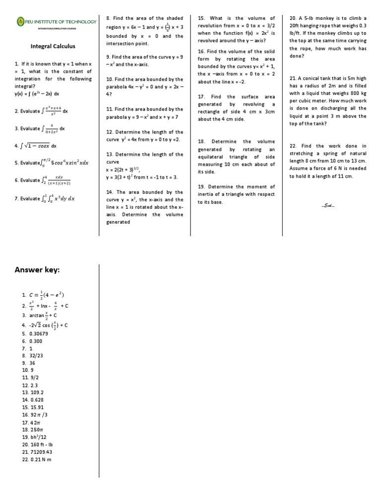 Integral Calculus (With Answers) | PDF | Area | Volume