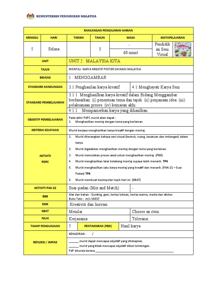 RPH Seni Visual Minggu 5 Tahun 3 | PDF