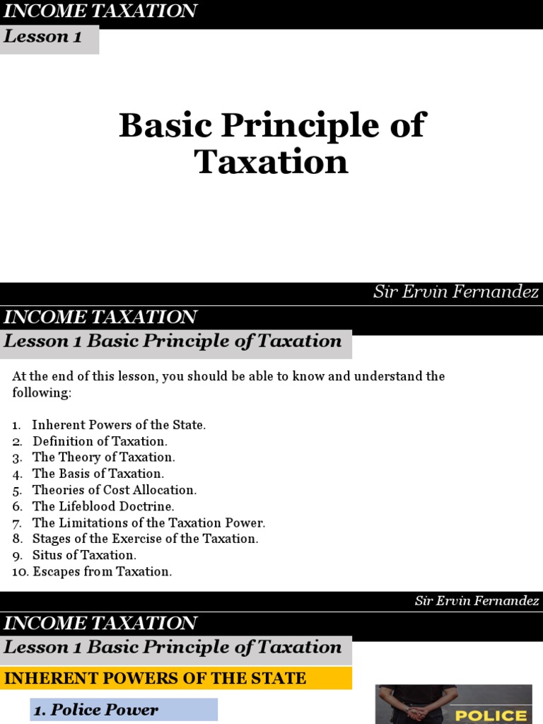 Lesson 1 Basic Principle of Taxation PDF Taxes Tax