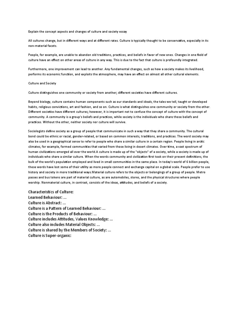Explain The Concept Aspects And Changes Of Culture And Society Essay
