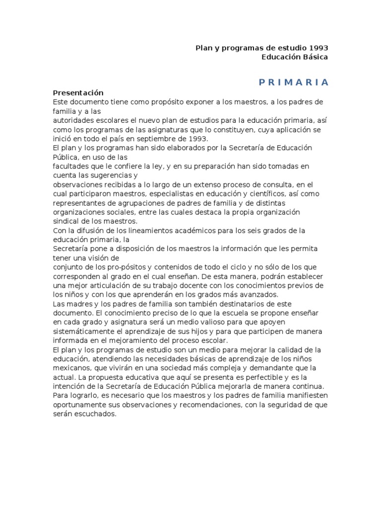 Plan y Programas de Estudio 1993 Primaria | PDF | Educación primaria ...