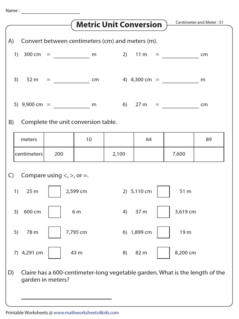 Meter centimeter conversion worksheet pdf metre length