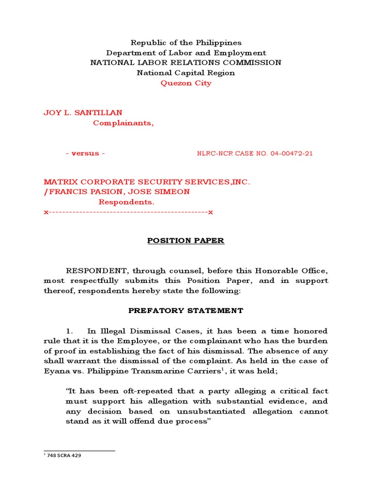 Position Paper on Dismissal Case | PDF | Burden Of Proof (Law ...
