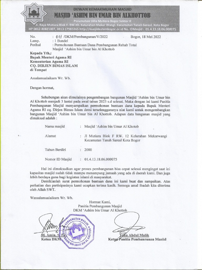 CONTOH Surat Permohonan Bantuan Dana PEMBANGUNAN MASJID | PDF