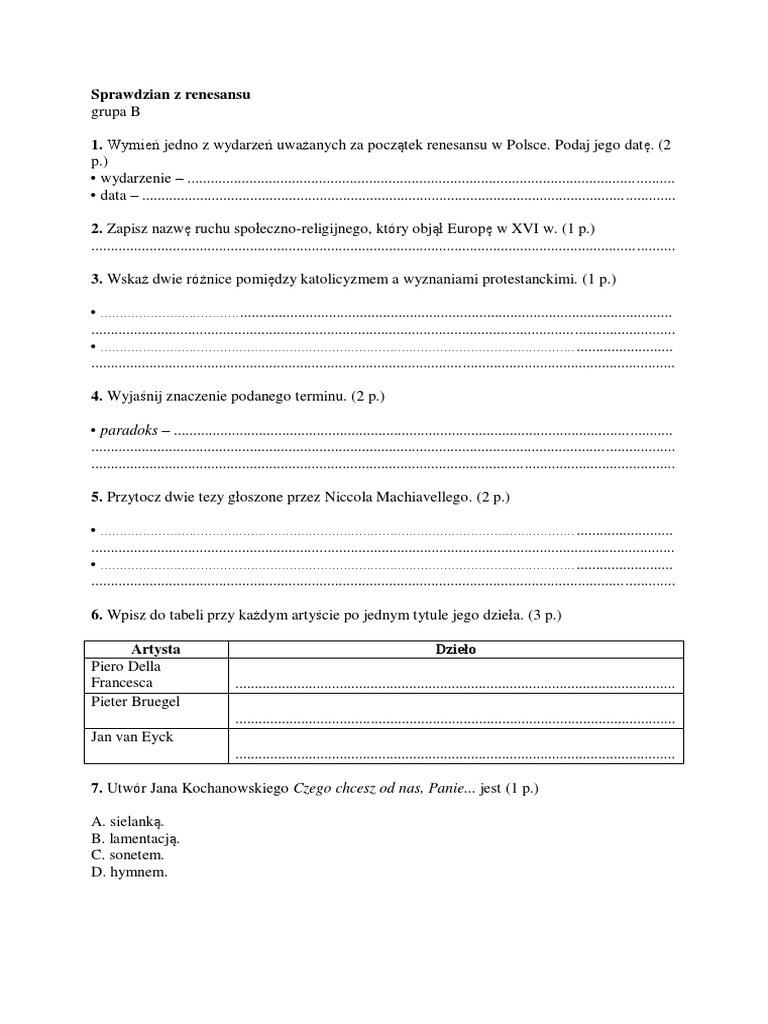 Renesans Sprawdzian Wersja B PDF