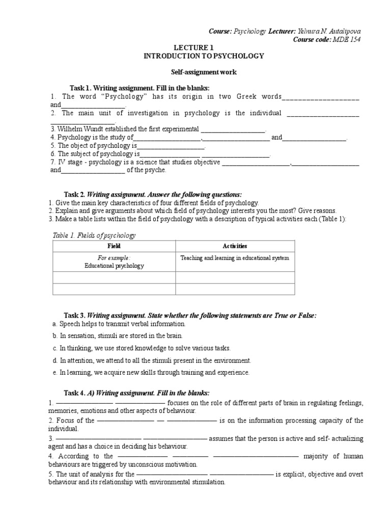 Self-Assignment in MDE Psychology | PDF | Psychology | Unconscious Mind