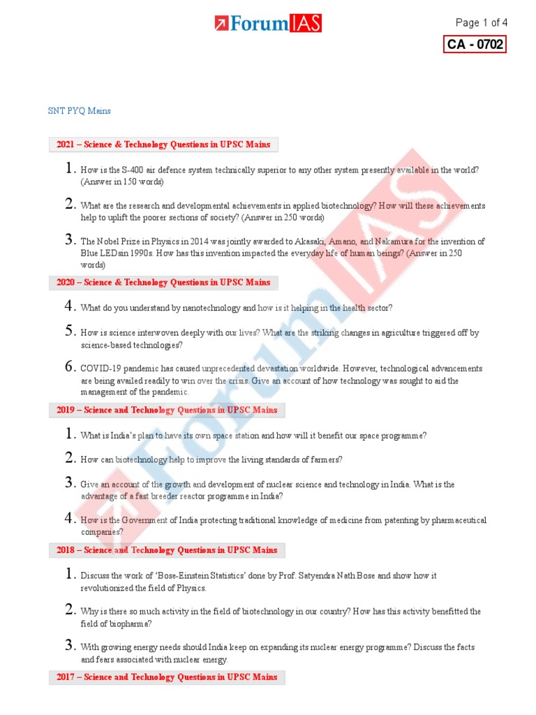 UPSC Mains Science and Technology questions from 20212016 PDF