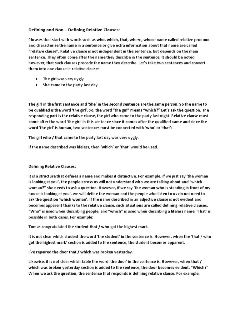 Defining and Non - Defining Relative Clauses | PDF 