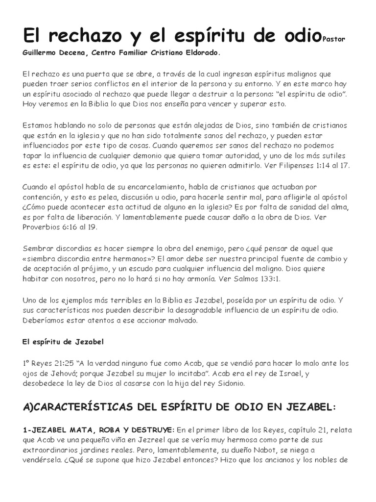 Rechazo y espíritu de odio en la Biblia | PDF | Alma | Demonios