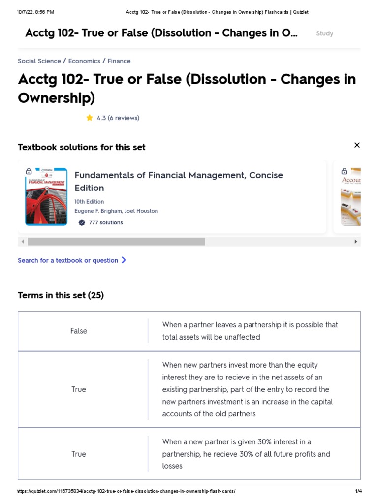 Acctg 102 True or False (Dissolution Changes in Ownership