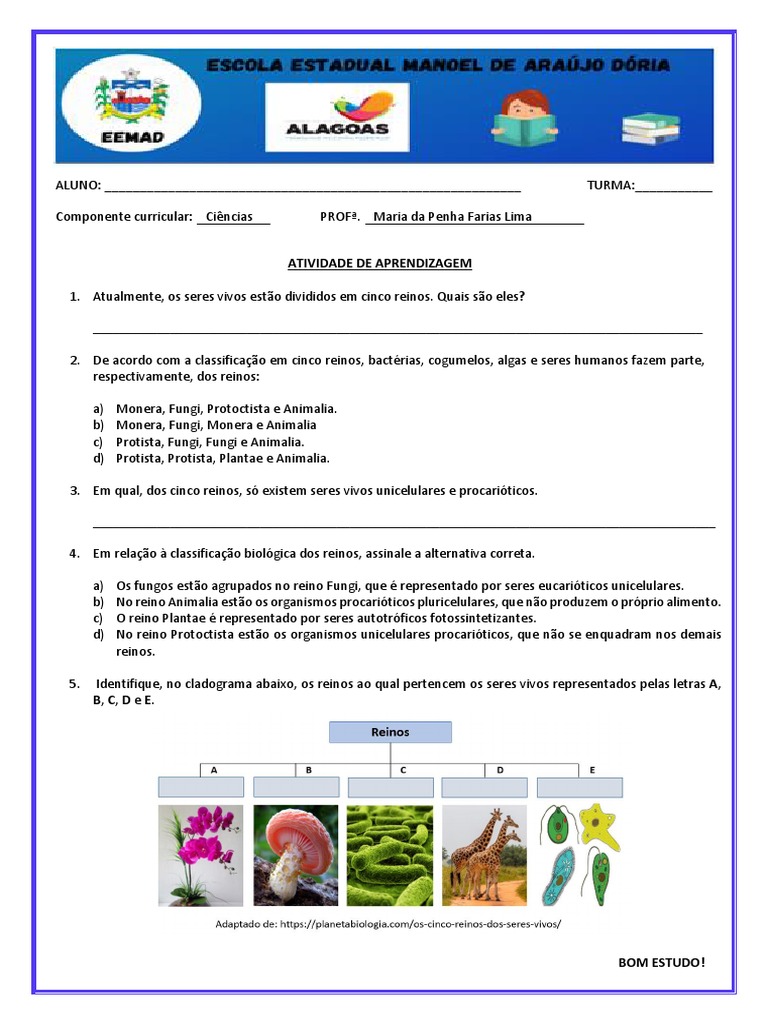 Atividade - Classificação Dos Seres Vivos - Os Cinco Reinos | PDF