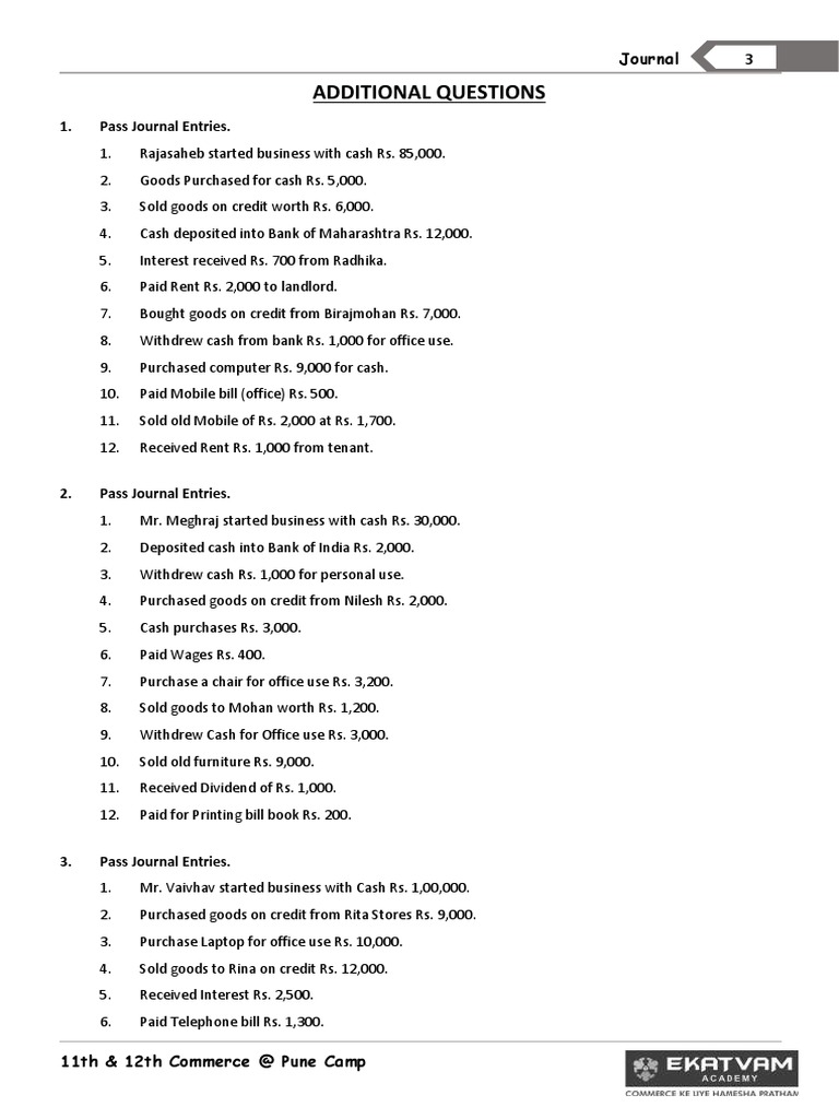 11th STD Accounts Practice Questions On Journal | PDF | Trade ...