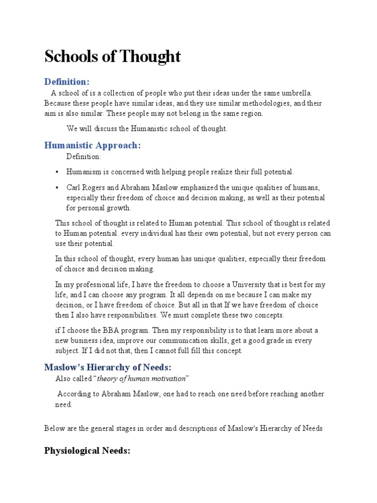 Schools of Thought PDF Self Actualization Psychological Concepts