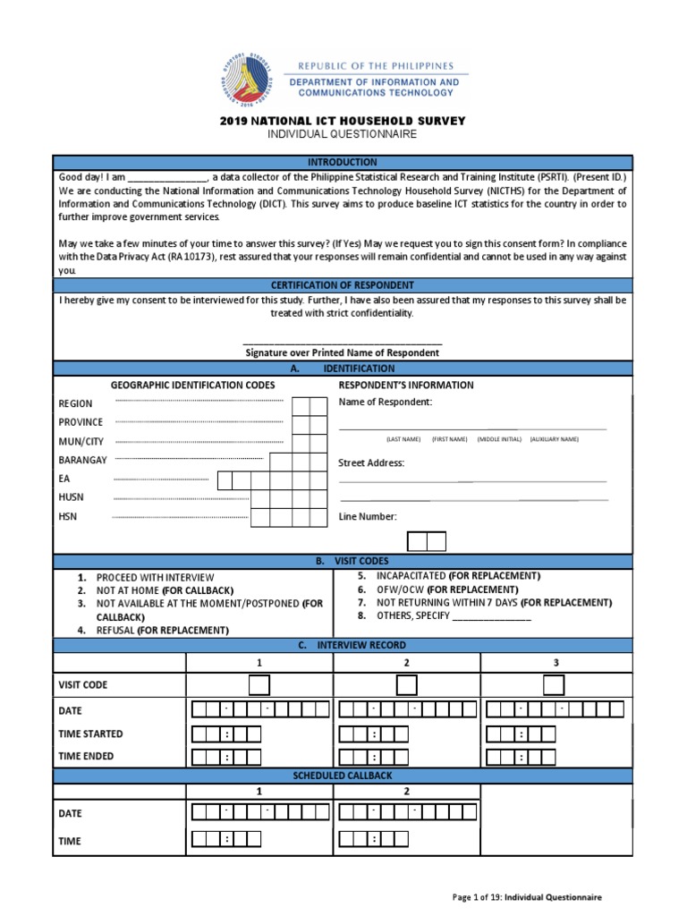 NICTHS Individual Questionnaire 2019 | PDF | Mobile Phones | Debit Card