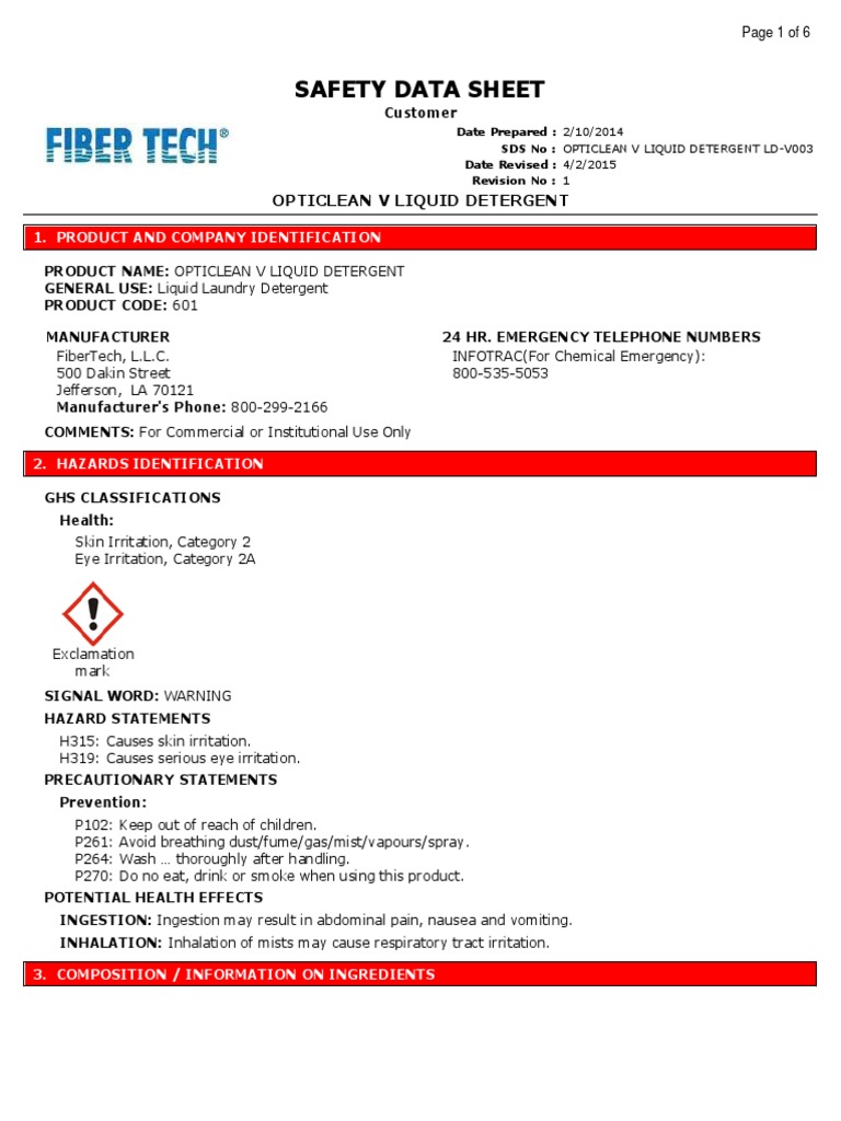 Opticlean V Liquid Detergent LdV003 PDF Sodium Physical Sciences