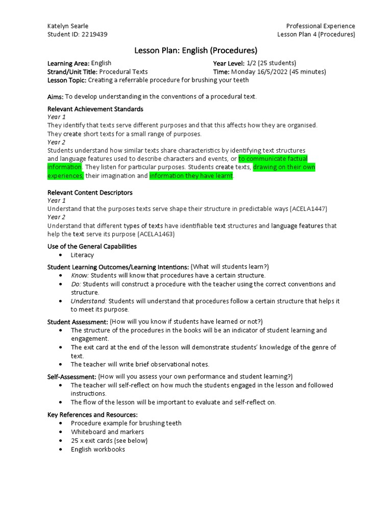 Lesson Plan Procedures